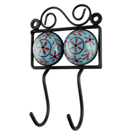 Turquoise Round Floral Ceramic Tile Hook